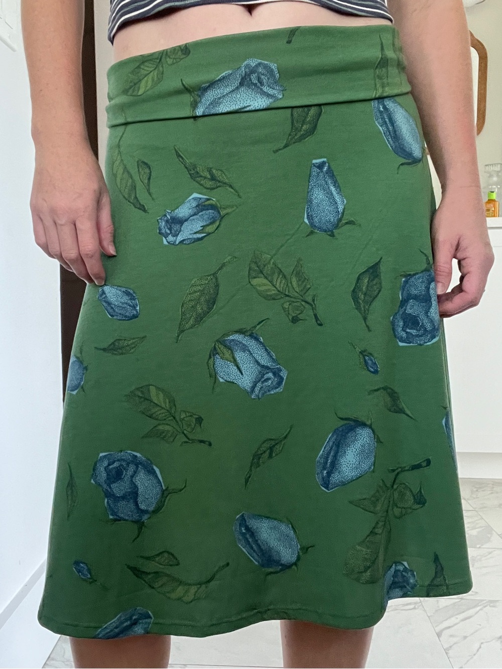 LuLaRoe Green A-Line Skirt with Blue Rose Motif